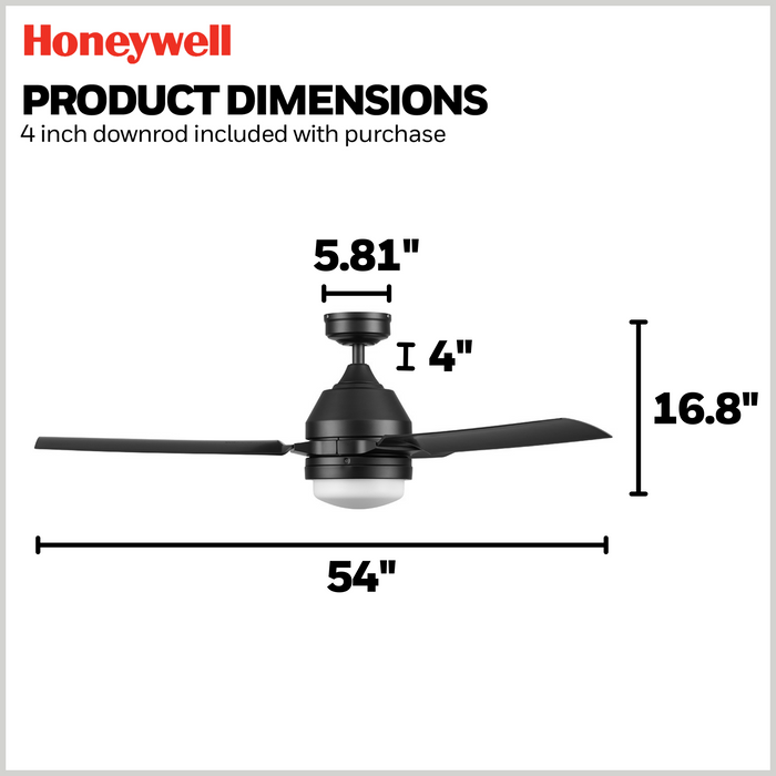 54" Honeywell Port Isle Matte Black Ceiling Fan with Light and Remote