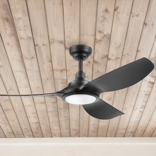 Wet-rated MULE ceiling fan mounted under a covered patio