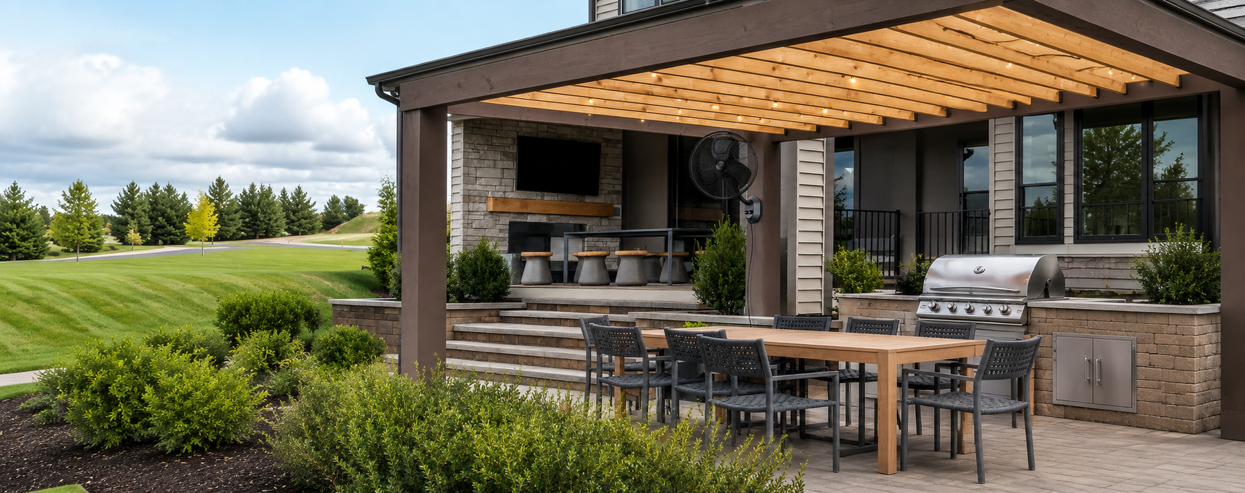 Shaded patio kept cool in summer with a MULE wet-rated outdoor fan