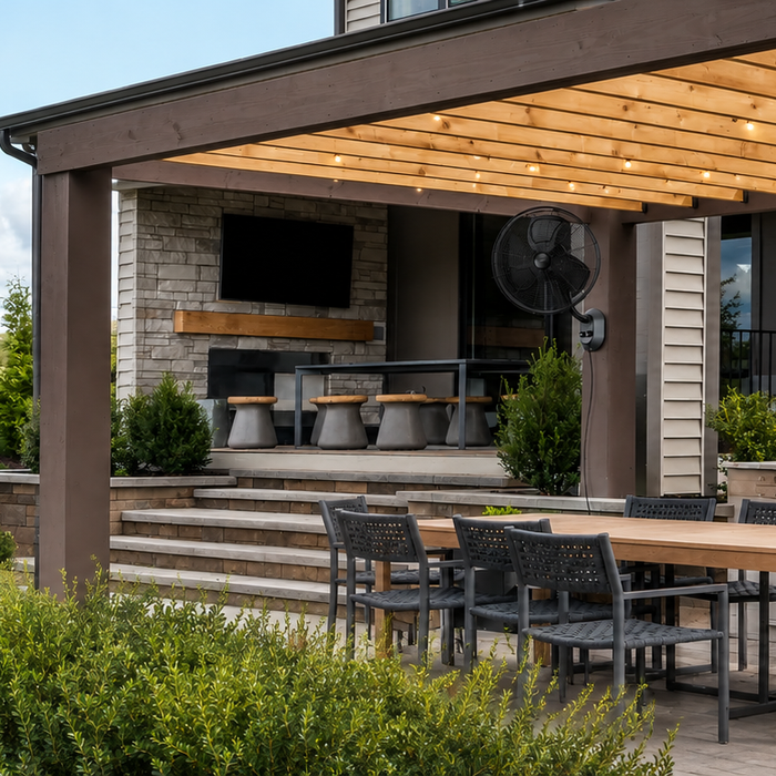 Shaded patio kept cool in summer with a MULE wet-rated outdoor fan