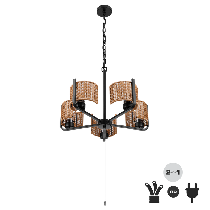 5 Light Outdoor Chandelier Matte Black with Beige Shades