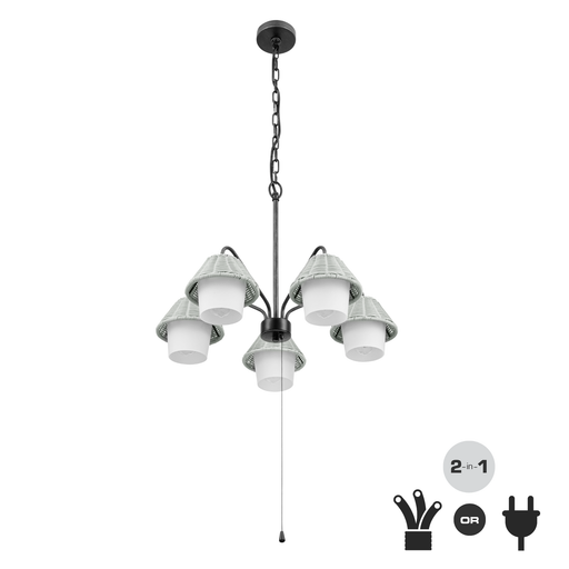 5-Light Outdoor Chandelier - Black with Light Gray Shades and White Glass