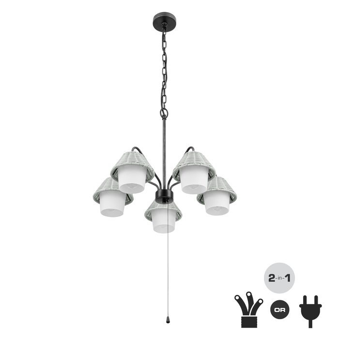 5 Light Outdoor Chandelier Aged Pewter with Light Gray and White Shades
