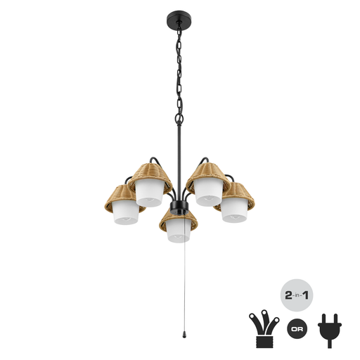 5-Light Outdoor Chandelier - Matte Black with Beige Shades and White Glass