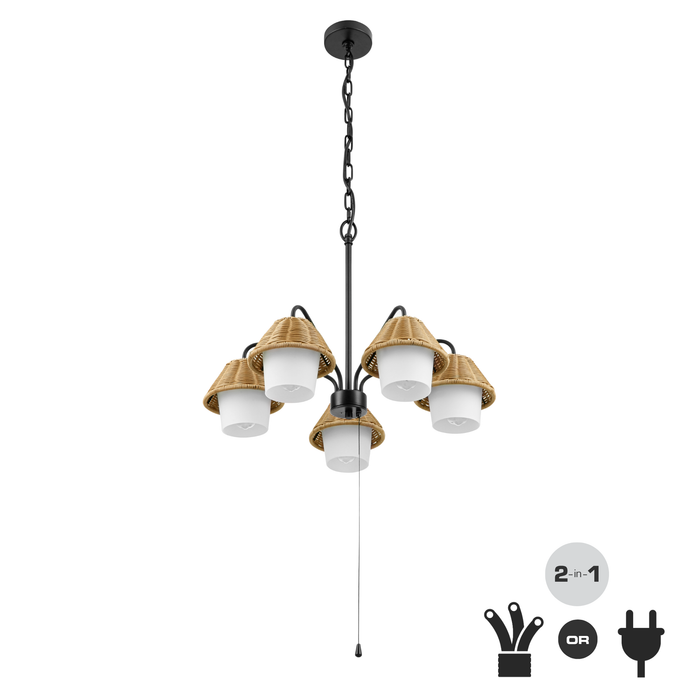 5 Light Outdoor Chandelier Matte Black with Beige Shades and White Shades