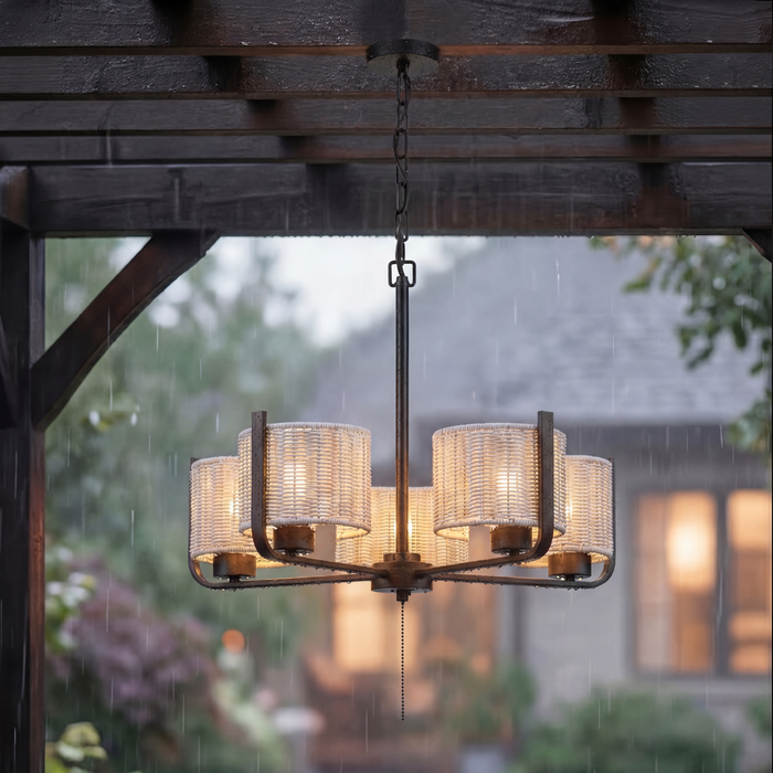 5 Light Outdoor Chandelier Bronze with Gray Shades