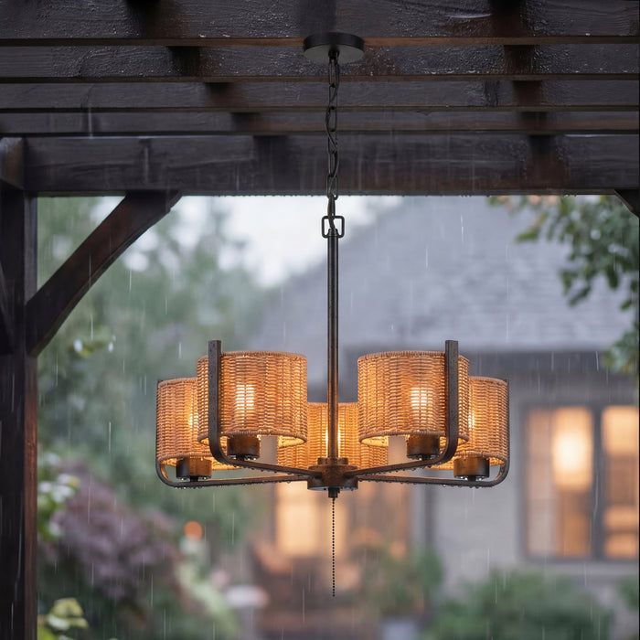 5 Light Outdoor Chandelier Matte Black with Beige Shades
