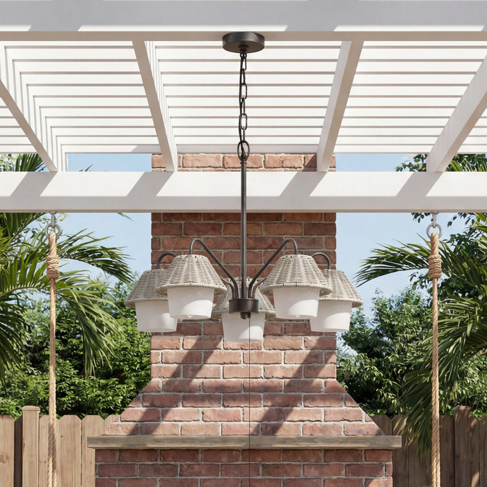 5 Light Outdoor Chandelier Aged Pewter with Light Gray and White Shades