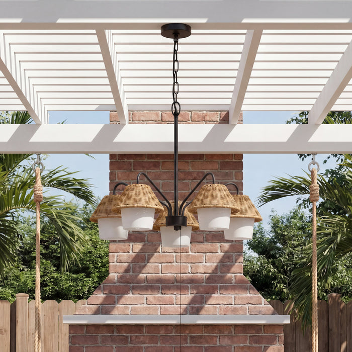 5 Light Outdoor Chandelier Matte Black with Beige Shades and White Shades
