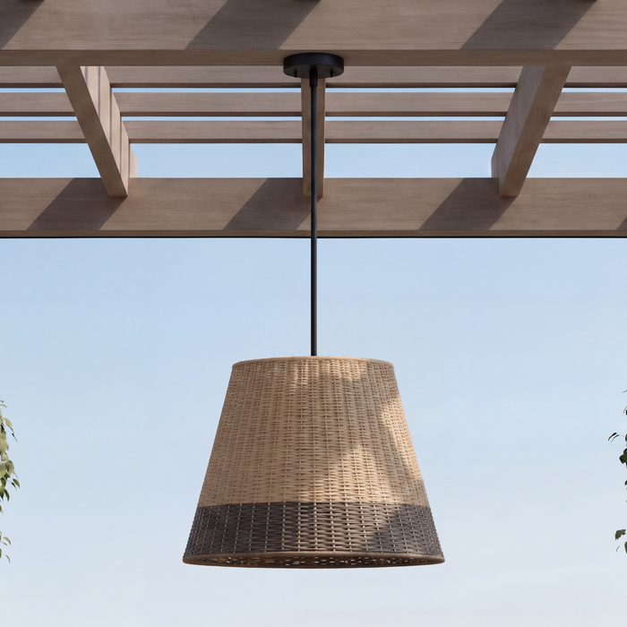 1 Light Outdoor Pendant Matte Black with Beige 2 Tone Shade