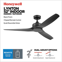 52 Inch Honeywell Lynton Matte Black Ceiling Fan with No Light and Remote