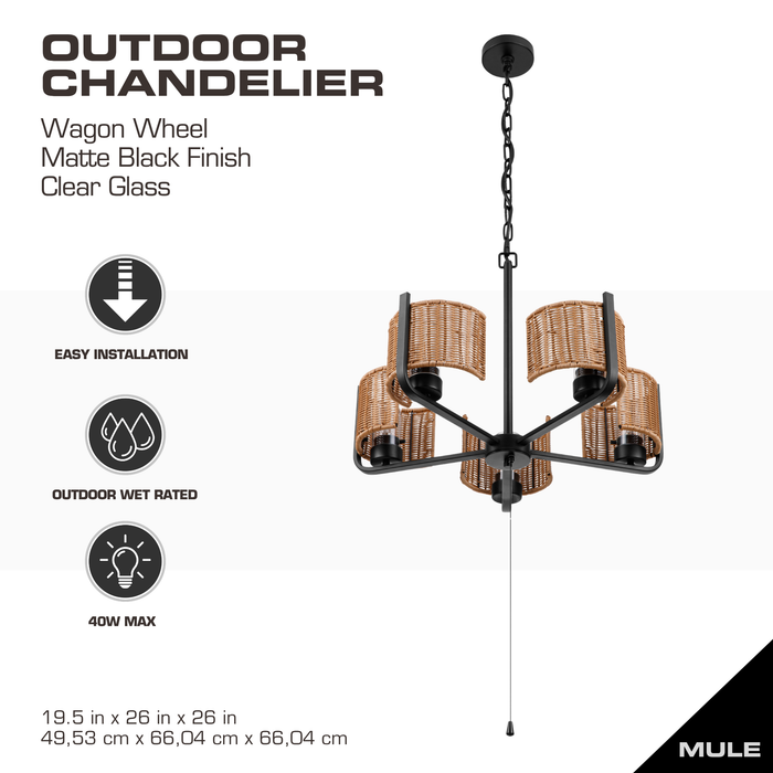 5 Light Outdoor Chandelier Matte Black with Beige Shades