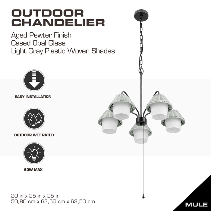 5 Light Outdoor Chandelier Aged Pewter with Light Gray and White Shades