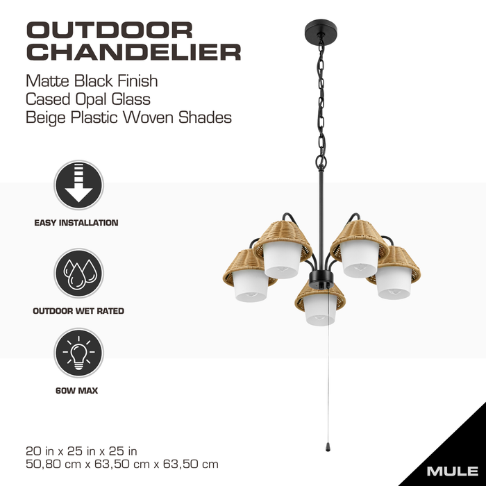 5 Light Outdoor Chandelier Matte Black with Beige Shades and White Shades