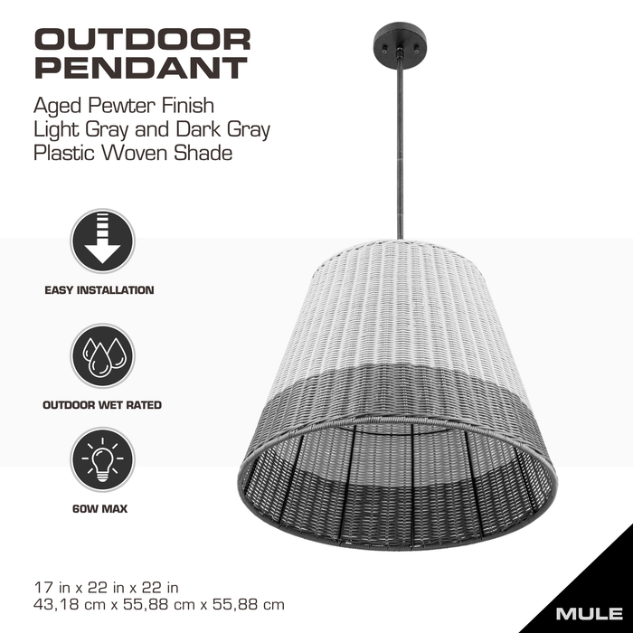 1 Light Outdoor Pendant Matte Black with Light Gray Shade