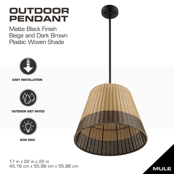 1 Light Outdoor Pendant Matte Black with Beige 2 Tone Shade