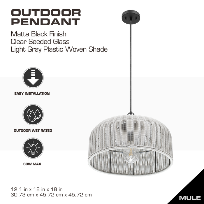 1 Light Outdoor Pendant Matte Black with Light Gray Shade