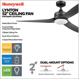 52 Inch Honeywell Lynton Matte Black Ceiling Fan with Light and Remote