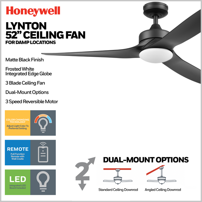 52 Inch Honeywell Lynton Matte Black Ceiling Fan with Light and Remote