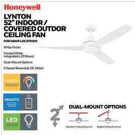 52 Inch Honeywell Lynton White Ceiling Fan with Light and Remote