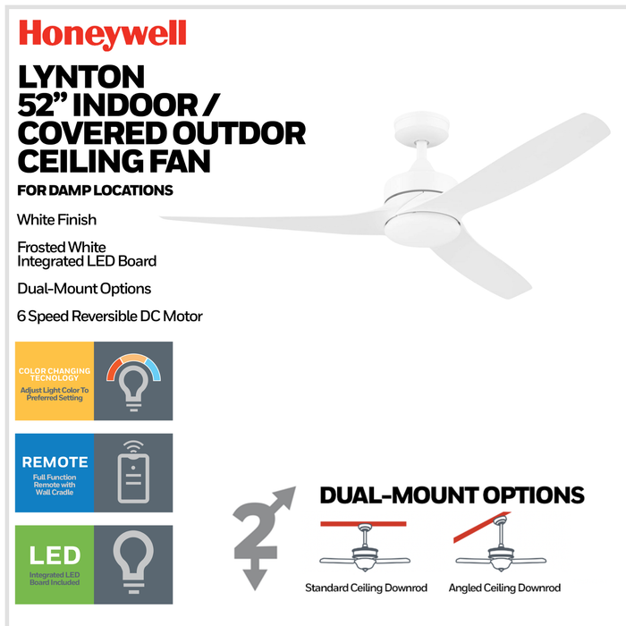 52 Inch Honeywell Lynton White Ceiling Fan with Light and Remote