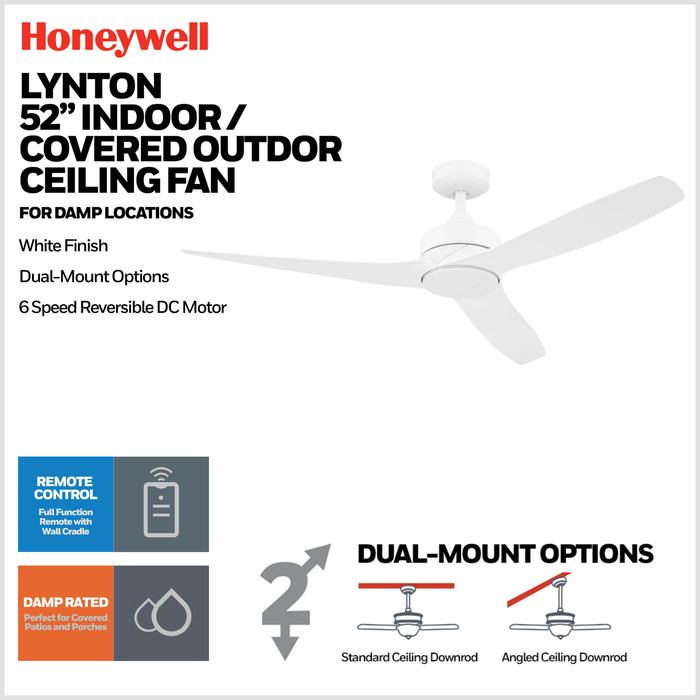 52 Inch Honeywell Lynton White Ceiling Fan and Remote