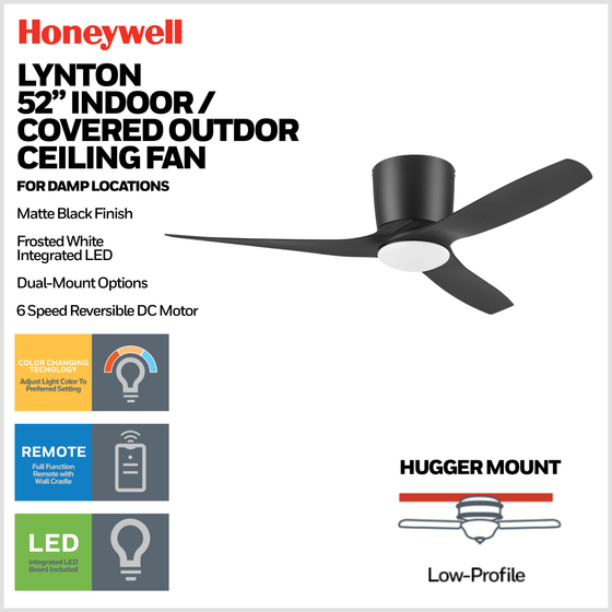 52 Inch Honeywell Lynton Matte Black with Light Ceiling Fan and Remote