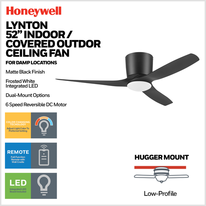52 Inch Honeywell Lynton Matte Black with Light Ceiling Fan and Remote