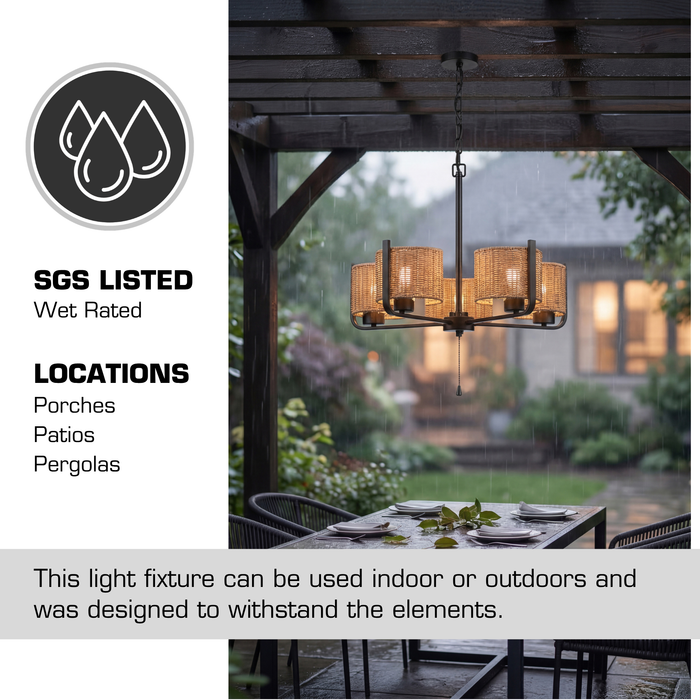5 Light Outdoor Chandelier Matte Black with Beige Shades