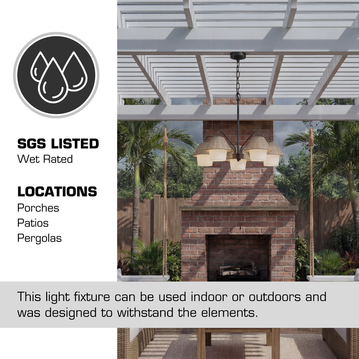 5 Light Outdoor Chandelier Matte Black with Beige Shades and White Shades