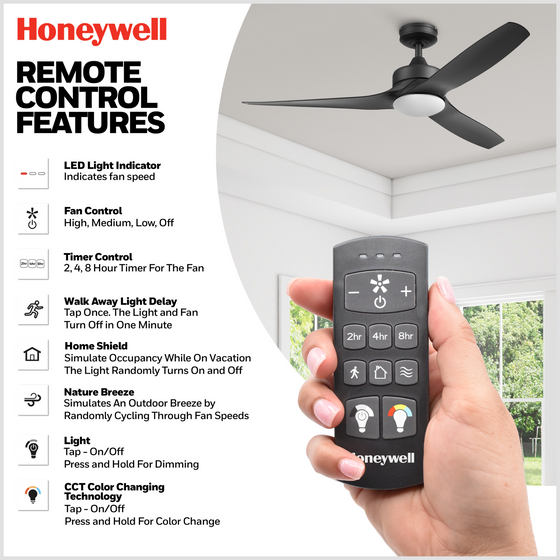52 Inch Honeywell Lynton Matte Black Ceiling Fan with Light and Remote