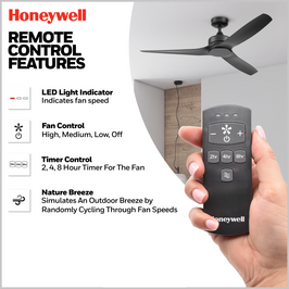 52 Inch Honeywell Lynton Matte Black Ceiling Fan with No Light and Remote