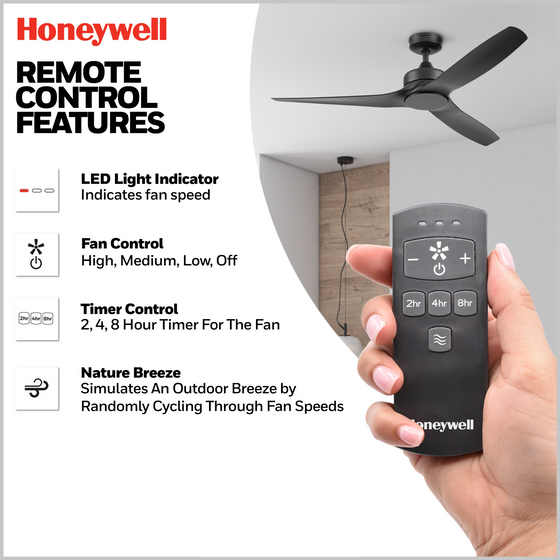 52 Inch Honeywell Lynton Matte Black Ceiling Fan with No Light and Remote