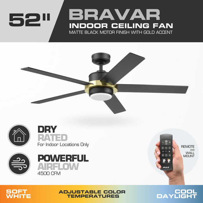52" MULE Bravar Matte Black and Gold Ceiling Fan