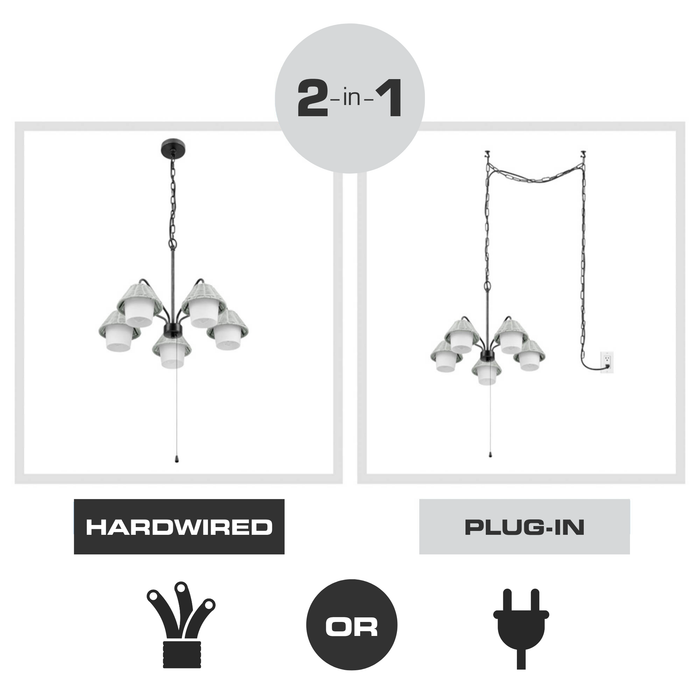 5 Light Outdoor Chandelier Aged Pewter with Light Gray and White Shades