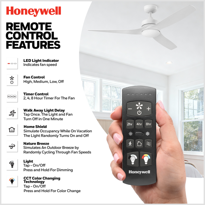 52 Inch Honeywell Lynton White Ceiling Fan with Light and Remote