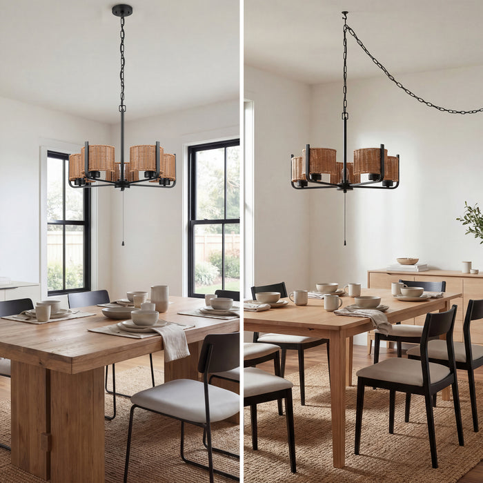 5 Light Outdoor Chandelier Matte Black with Beige Shades