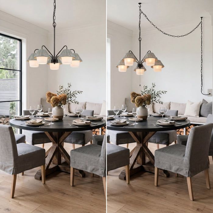 5 Light Outdoor Chandelier Aged Pewter with Light Gray and White Shades