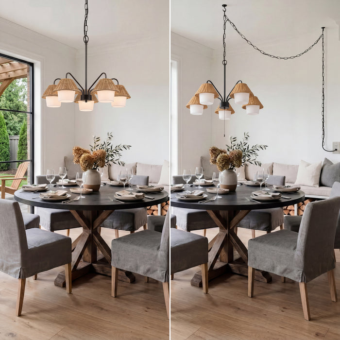 5 Light Outdoor Chandelier Matte Black with Beige Shades and White Shades