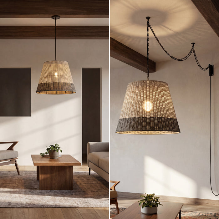 1 Light Outdoor Pendant Matte Black with Light Gray Shade