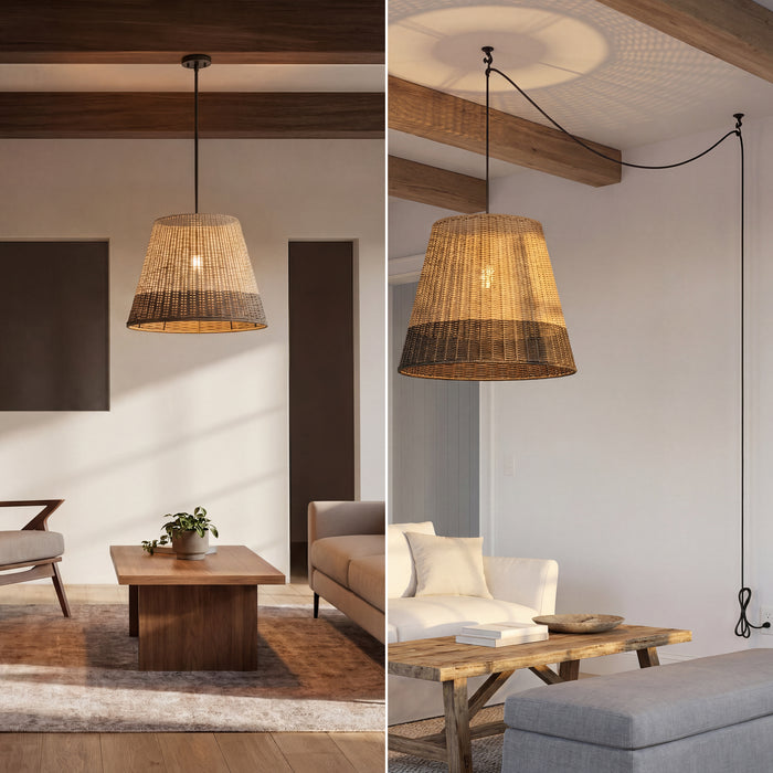 1 Light Outdoor Pendant Matte Black with Beige 2 Tone Shade