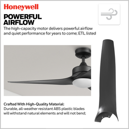 52 Inch Honeywell Lynton Matte Black Ceiling Fan with Light and Remote