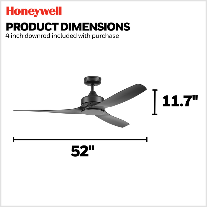 52 Inch Honeywell Lynton Matte Black Ceiling Fan with No Light and Remote