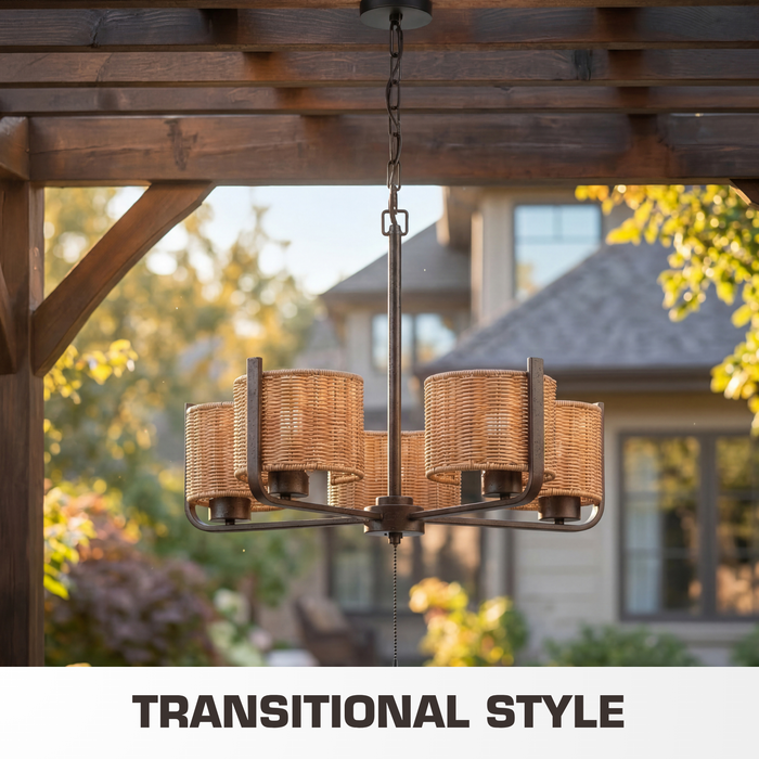 5 Light Outdoor Chandelier Matte Black with Beige Shades
