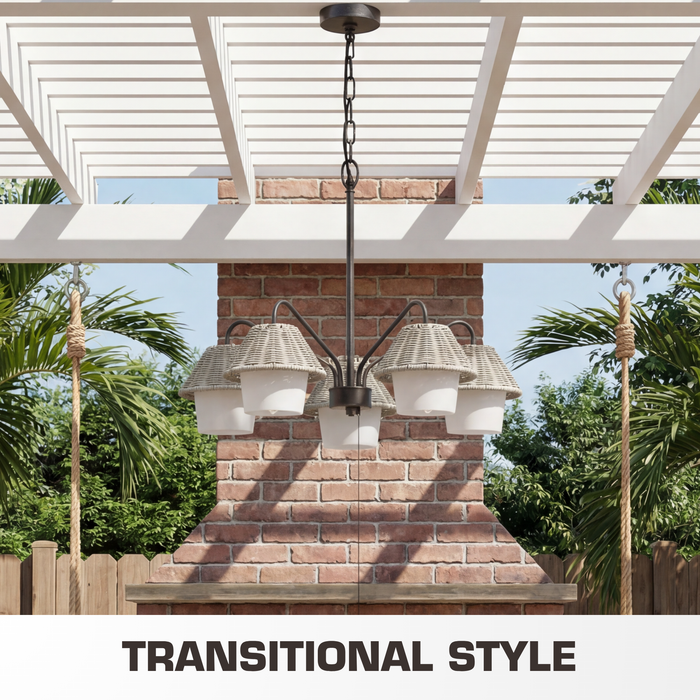 5 Light Outdoor Chandelier Aged Pewter with Light Gray and White Shades