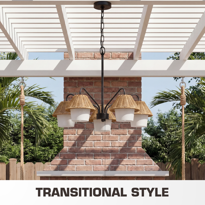 5 Light Outdoor Chandelier Matte Black with Beige Shades and White Shades