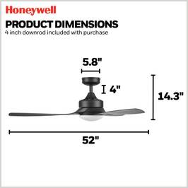 52 Inch Honeywell Lynton Matte Black Ceiling Fan with Light and Remote