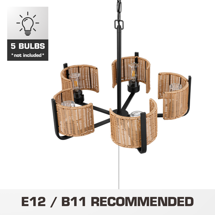 5 Light Outdoor Chandelier Matte Black with Beige Shades