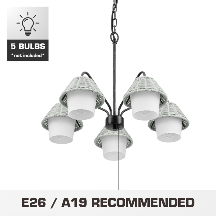 5 Light Outdoor Chandelier Aged Pewter with Light Gray and White Shades