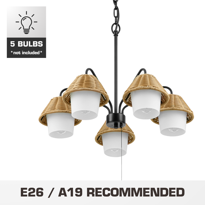 5 Light Outdoor Chandelier Matte Black with Beige Shades and White Shades